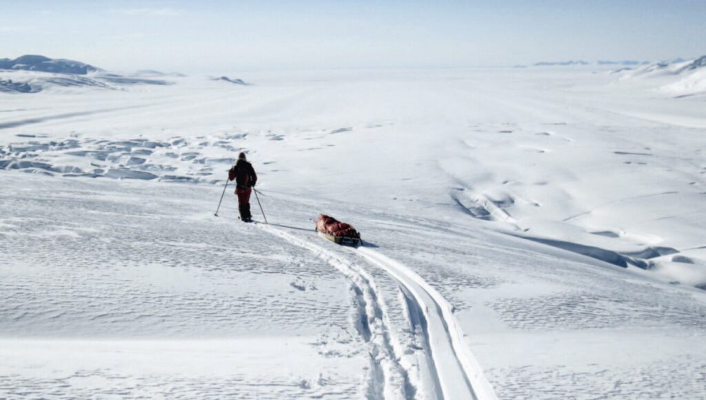 Norwegian Cecile Skog looks for a safe descent from the south polar plateau