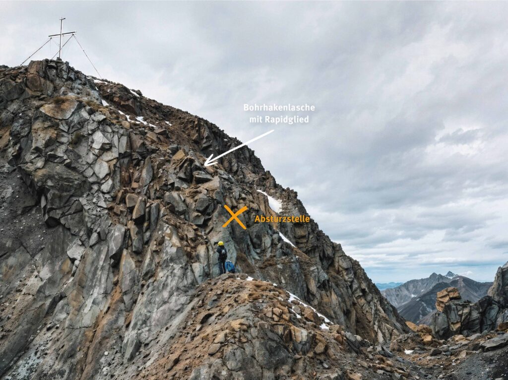 Der Pfeil zeigt auf den im Abstieg schwer erkennbaren Bohrhaken an der Mutterberger Seespitze. Das Kreuz markiert die Absturzstelle des Verunglückten. Foto: Alpinpolizei