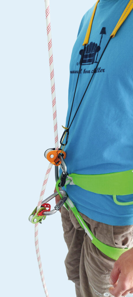 Toprope-Solo Neck Lanyard und geräteseitiger Verdrehschutz bei Verwendung mit zwei Umlenkrollen mit Rücklaufsperre
