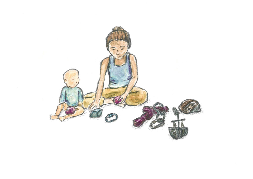 Illustration Mutter mit Kind und Kletterausrüstung