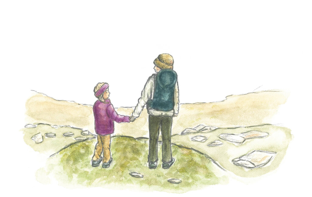 Illustration Mutter mit Kind in den Bergen