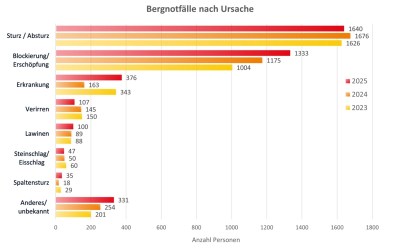 Bergnotfälle nach Ursache: am Häufigsten Sturz oder Absturz. Quelle: Schweizer Alpen-Club SAC