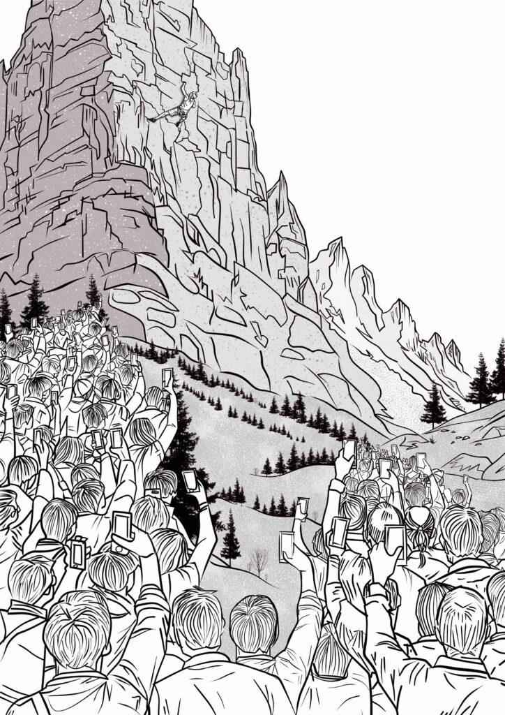 Illustration Menschenmenge mit Handy auf Kletterer gerichtet