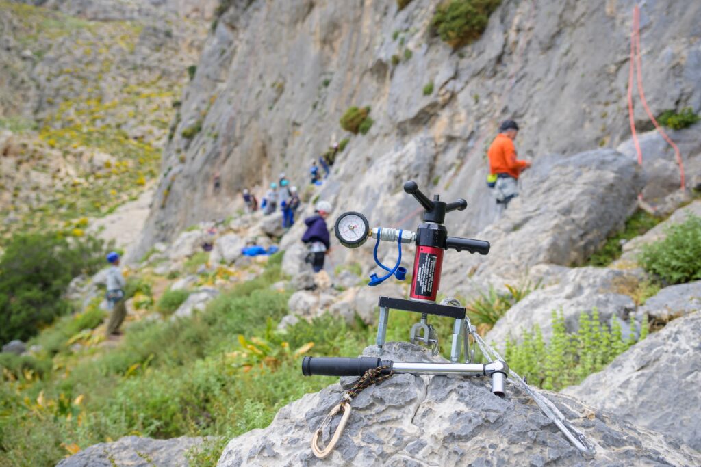 A hydraulic pull-testing device used to assess the strength and condition of climbing anchors during the Kalymnos inspections. Photo: UIAA