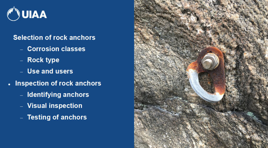 Slide from the presentation on inspecting rock anchors
Photo credit: Per Forsberg/UIAA
