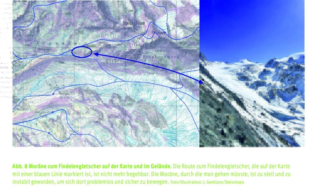 Moräne zum Findelengletscher auf der Karte und im Gelände