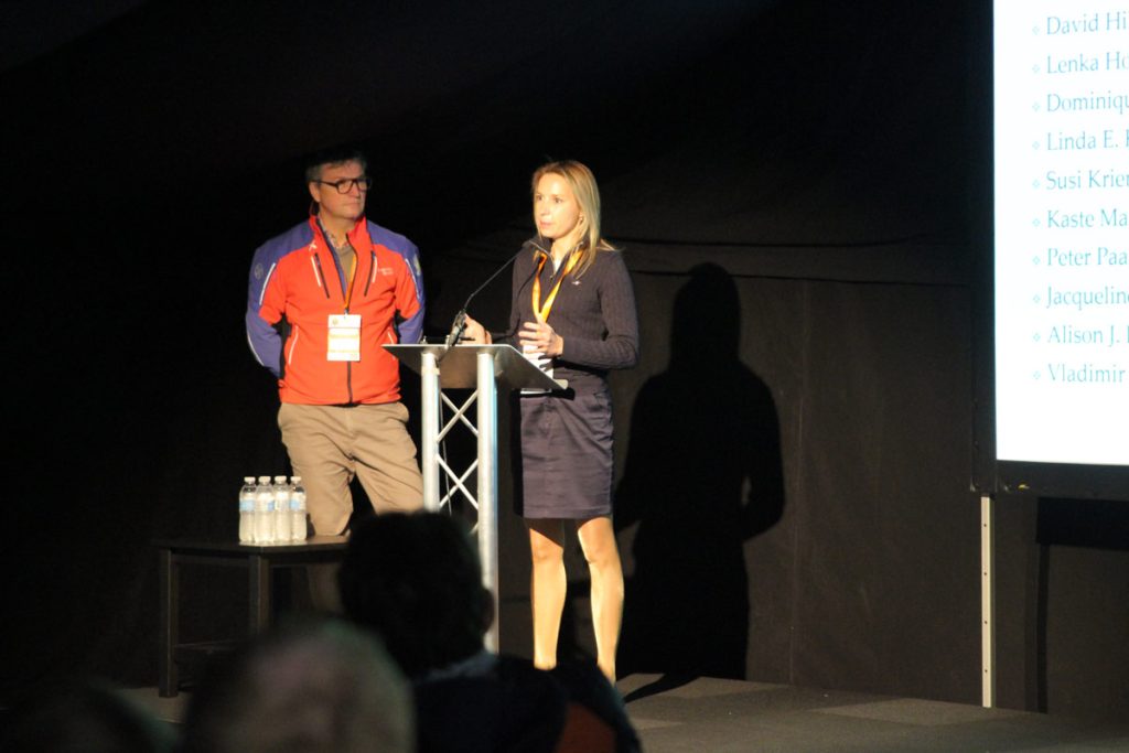 Lenka Horakova, UIAA MedCom, presents advice related to women at altitude. Credit: Tom Tushaw/UIAA