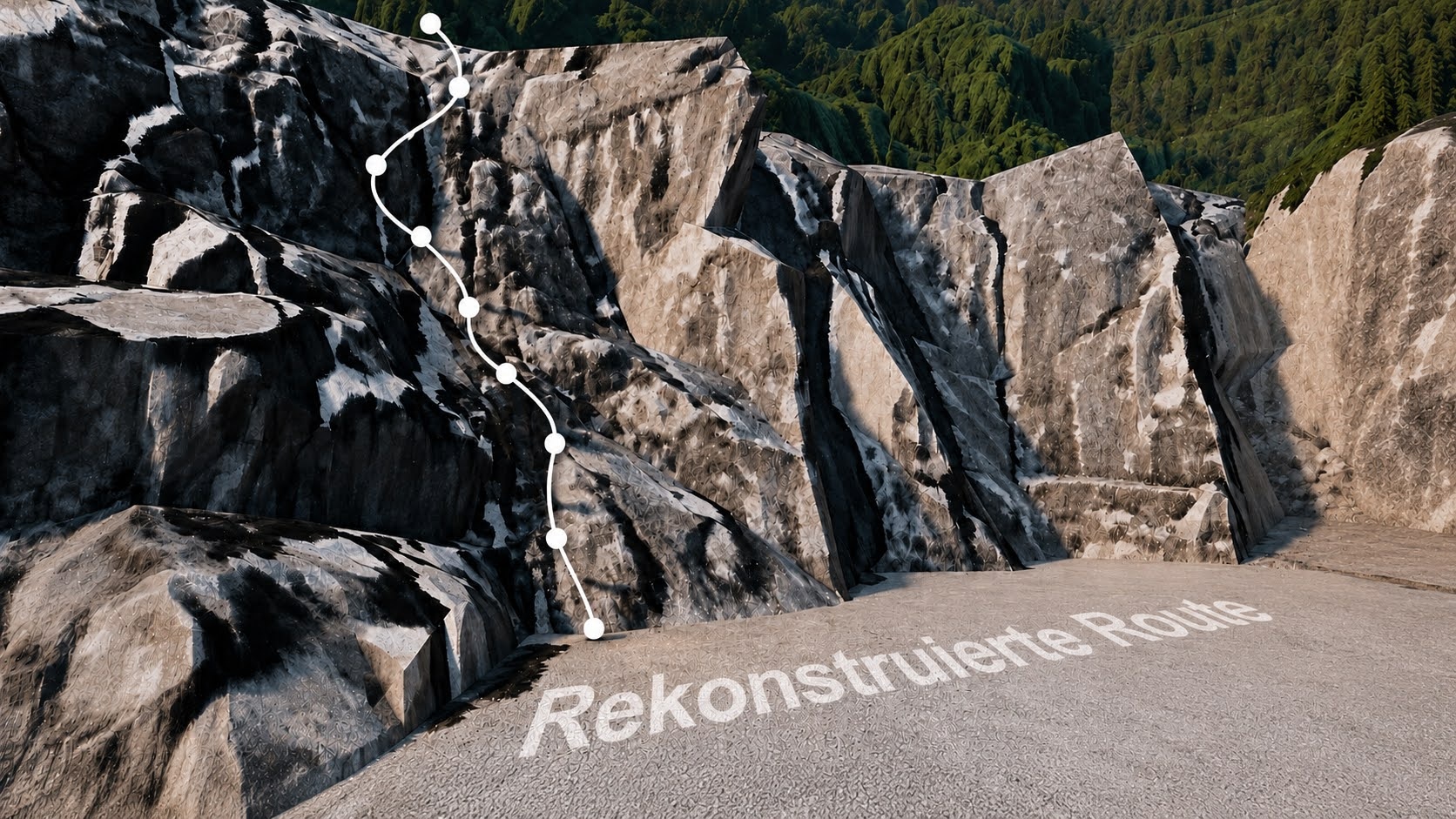 Screenshot aus Google Earth zeigt beispielhaft eine mit unserem Verfahren rekonstruierte gekletterte Route.